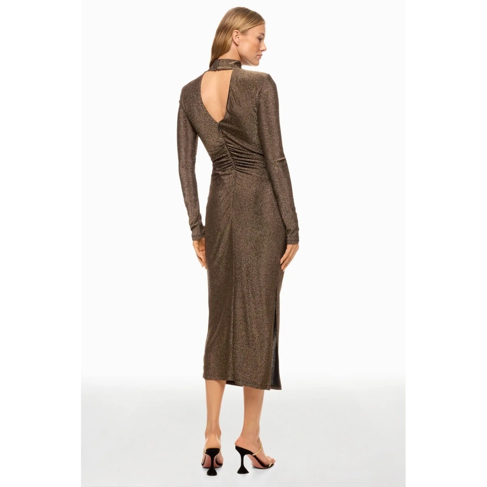Ramy Brook Amarilys Dress Metallic Gold Shimmer Mock Neck Ruched Midi Sz L - Picture 2 of 15